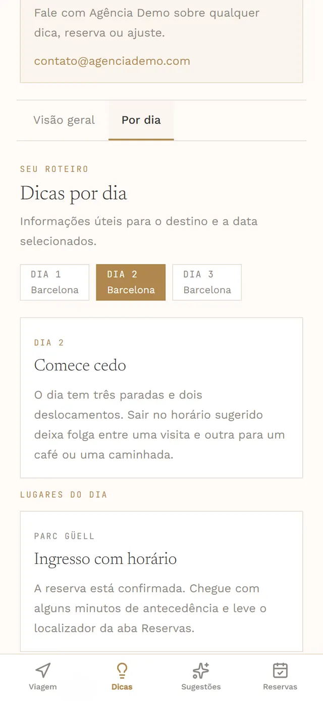 Tela real do app: Dicas da agência