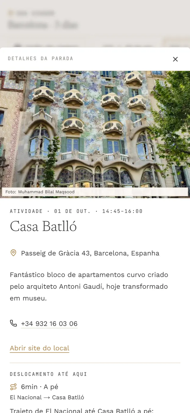 Tela real do app: Cada parada