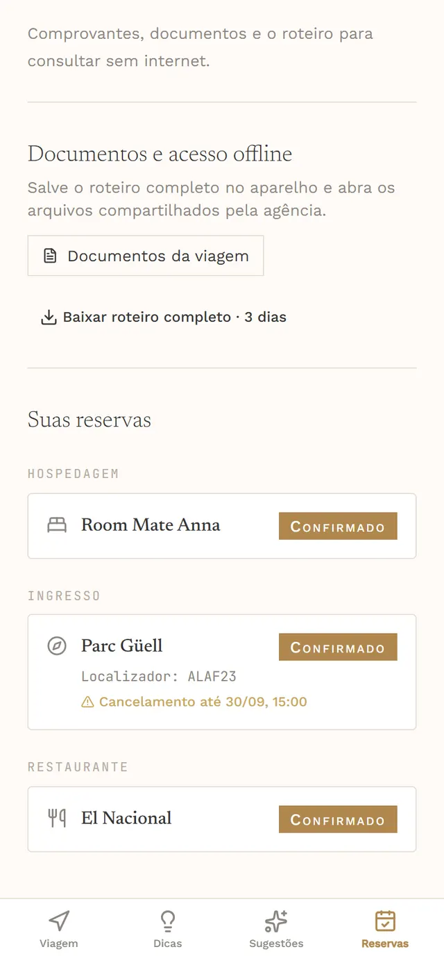 Tela real do app: Reservas e documentos
