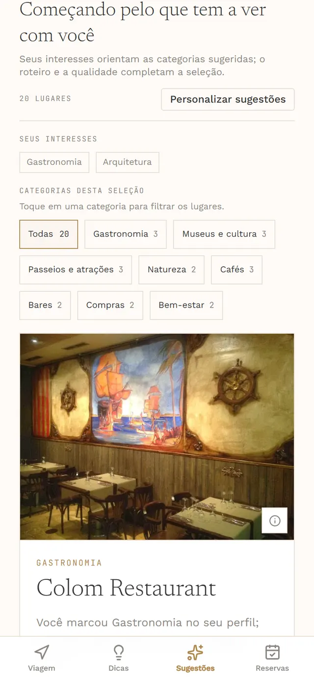 Tela real do app: Sugestões